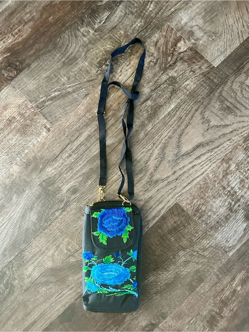 Floral Embroidered Black Crossbody Phone Bag with Blue Flowers